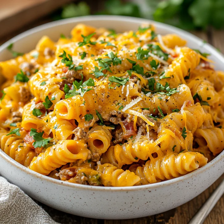 Crockpot Taco Pasta: The Ultimate Time-Saving Dinner Recipe Bowl of Crockpot Taco Pasta with melted cheese and fresh herbs on a wooden table