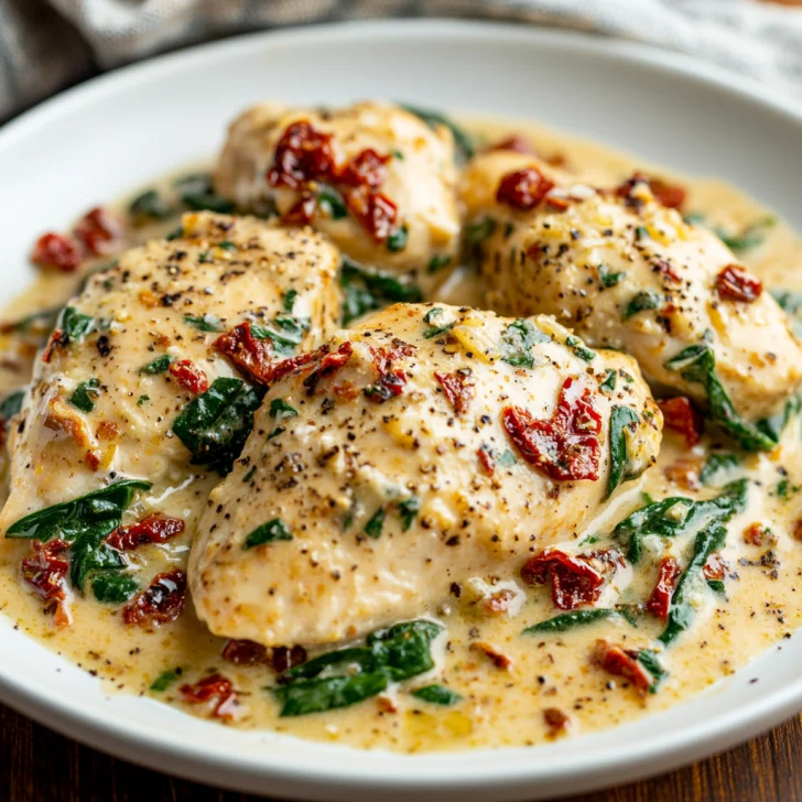 Crockpot Tuscan Chicken on a white plate, garnished with Parmesan cheese and spinach in a creamy sauce