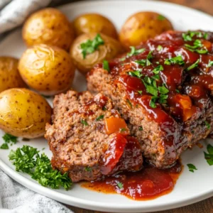 Healthy Slow Cooker Meatloaf slice on a white plate, garnished with parsley and surrounded by baby red potatoes.