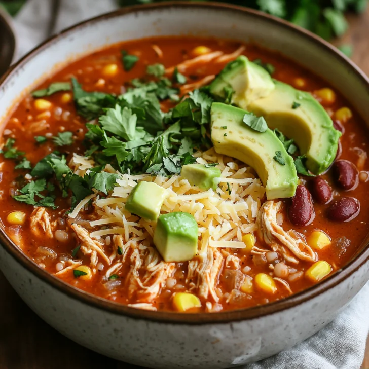 Bowl of Mexican Chicken Rice Soup Crockpot topped with avocado and cilantro on a white table