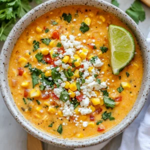 Bowl of Mexican Street Corn Soup Crockpot topped with cotija cheese and cilantro, garnished with lime wedge