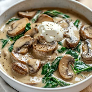 Bowl of Mushroom Spinach Crockpot Stroganoff topped with sour cream and black pepper on a wooden table