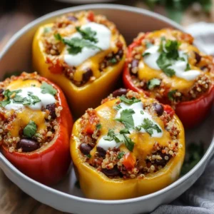 Quinoa Black Bean Crockpot Stuffed Peppers in a white bowl, topped with cilantro and sour cream on a wooden table