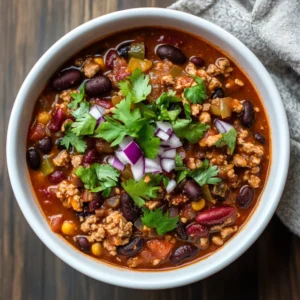 Bowl of Slow Cooker 3 Bean Turkey Chili topped with fresh cilantro and red onion, served on a light wooden surface.