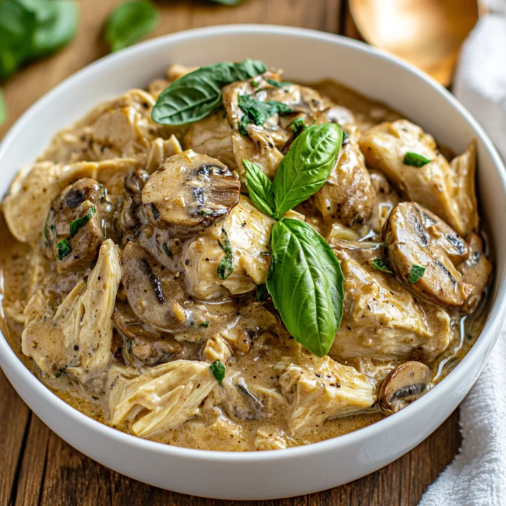 Slow Cooker Artichoke Mushroom Chicken in a white bowl, garnished with fresh basil on a light wood table