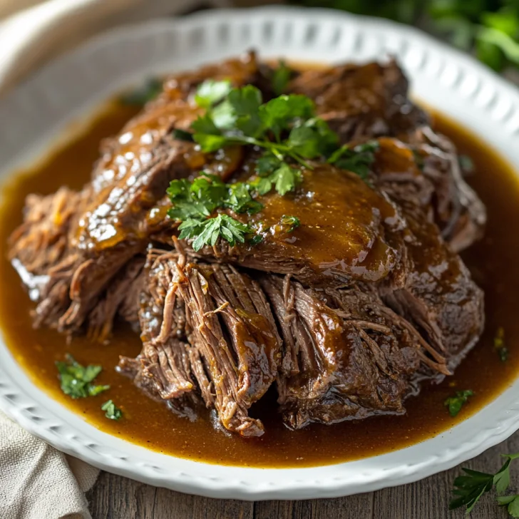 Slow Cooker Au Jus Pot Roast served on a white plate, garnished with fresh parsley and rich gravy