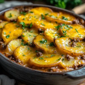 Slow Cooker Beef and Potato Au Gratin beautifully layered in a rustic dish, topped with fresh parsley