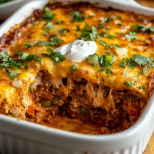 Slow Cooker Beef Enchilada Casserole topped with cilantro and sour cream in a white ceramic dish