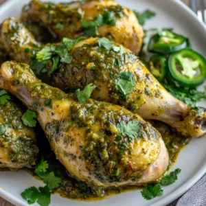 Slow Cooker Braised Tomatillo Chicken Drumsticks served on a white plate with fresh cilantro and jalapeño slices