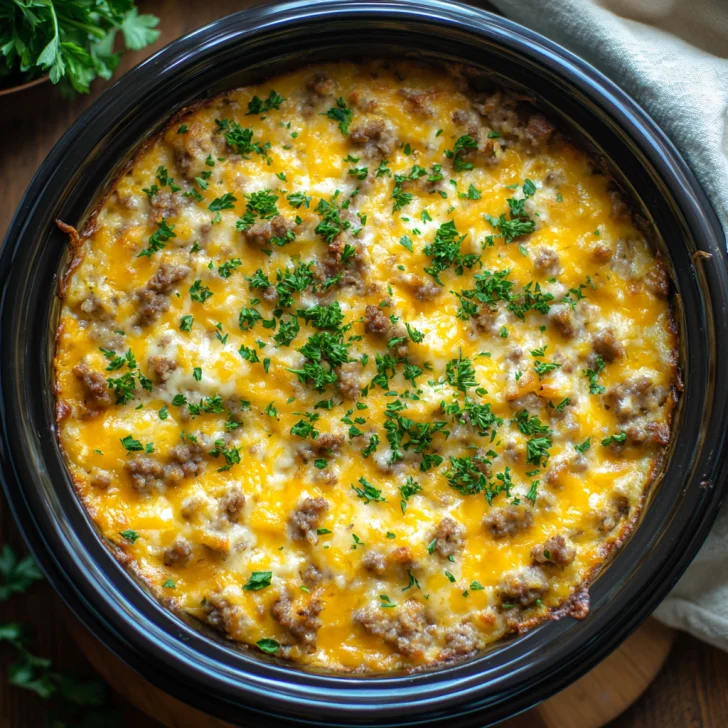 Slow Cooker Breakfast Casserole on a white plate garnished with fresh parsley and steam rising from it