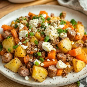Hearty Slow Cooker Breakfast Hash with turkey sausage, potatoes, eggs, and feta cheese on a rustic plate