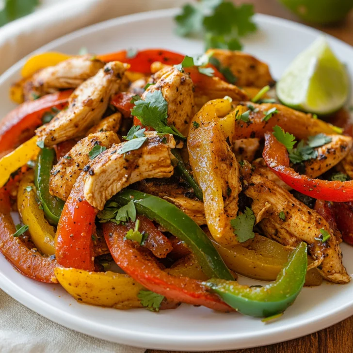 Slow Cooker Chicken Fajitas on a white plate garnished with cilantro and lime, vibrant colors and juicy texture.