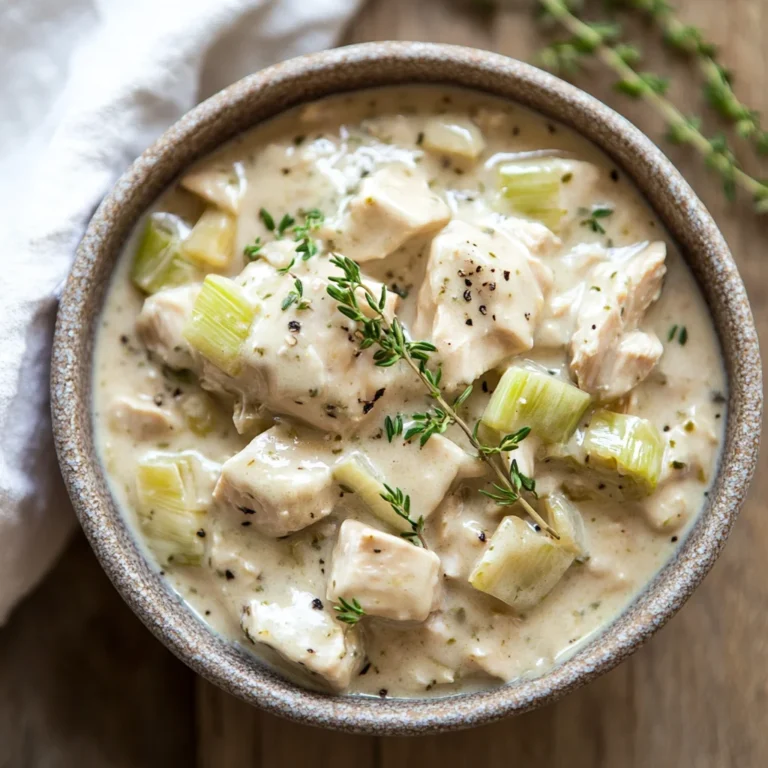Bowl of Slow Cooker Chicken Pie Filling garnished with thyme and served on a rustic table with a kitchen towel