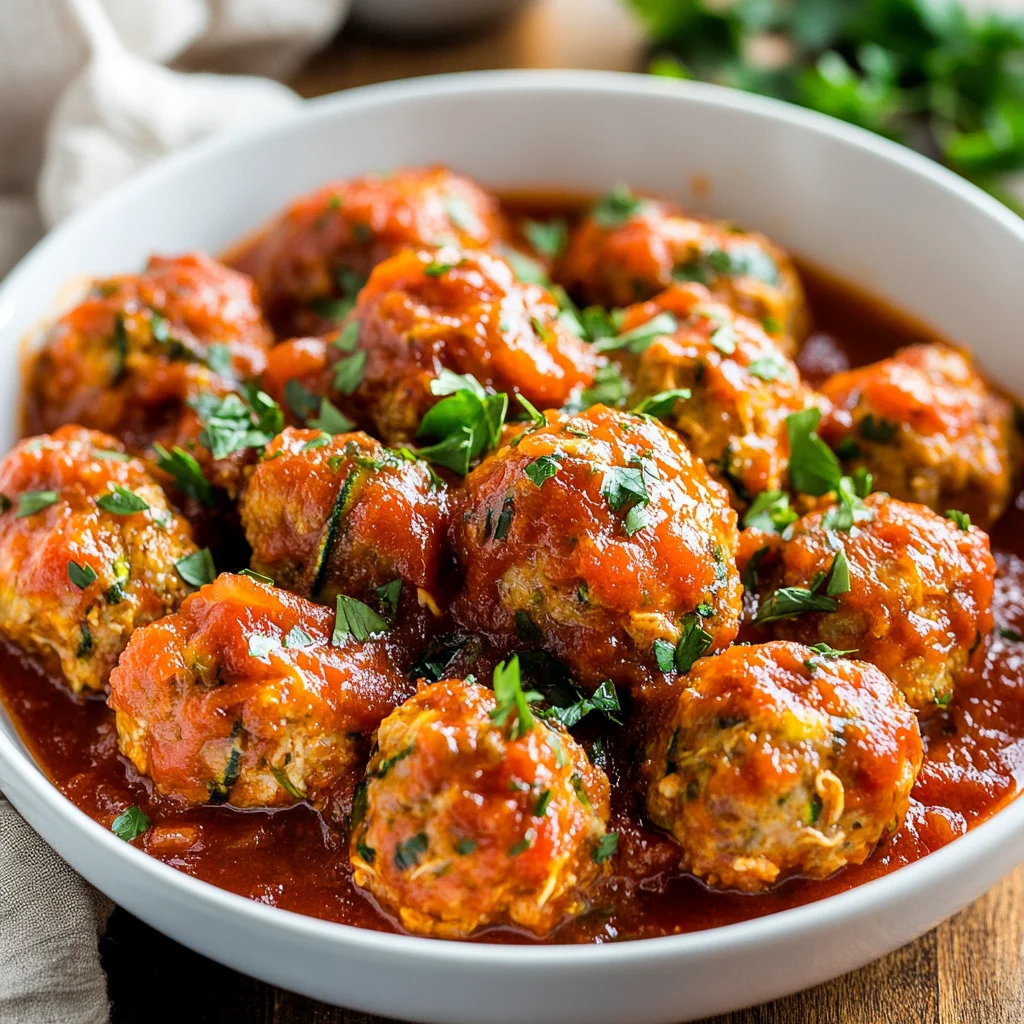 Slow cooker chicken zucchini meatballs in marinara sauce garnished with parsley in a white bowl
