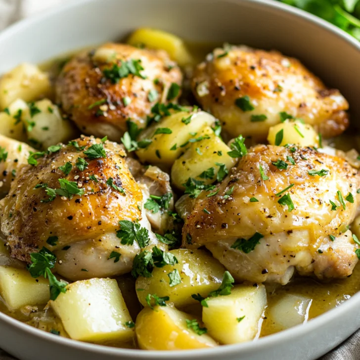 Slow Cooker Cider Chicken and Apples: Easy and Delicious Dinner Bowl of Slow Cooker Cider Chicken and Apples garnished with parsley and fennel, served in a creamy cider sauce
