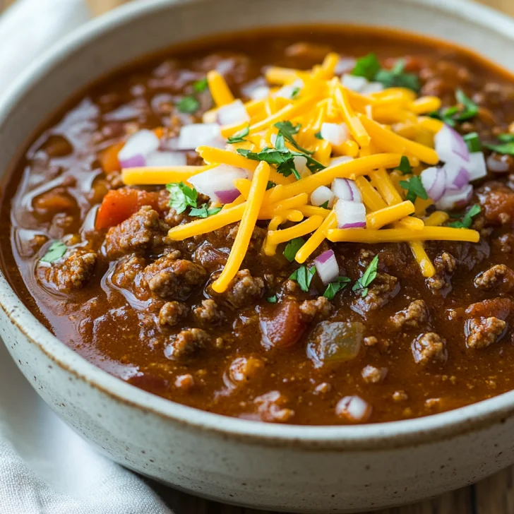 Bowl of Slow Cooker Cincinnati Chili topped with melted cheddar cheese and onions on a wooden table