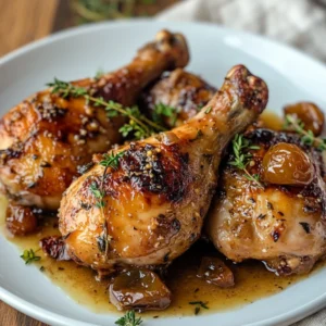 Slow Cooker Dijon Thyme Chicken Legs on a white plate with fresh thyme and sliced dates garnishing the dish