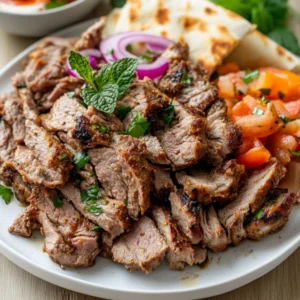 Slices of Slow Cooker Doner Kebab on a white plate with garlic sauce and fresh mint