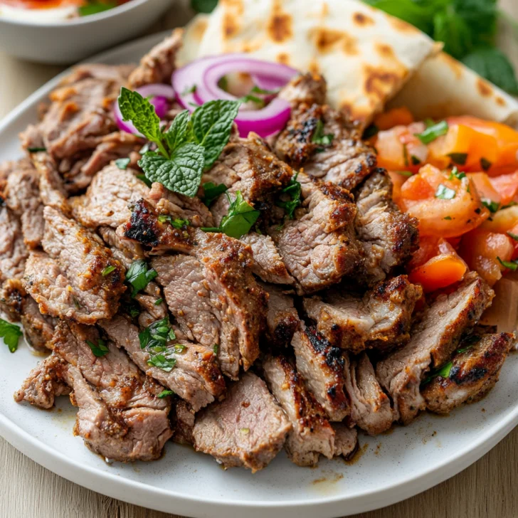 Slices of Slow Cooker Doner Kebab on a white plate with garlic sauce and fresh mint