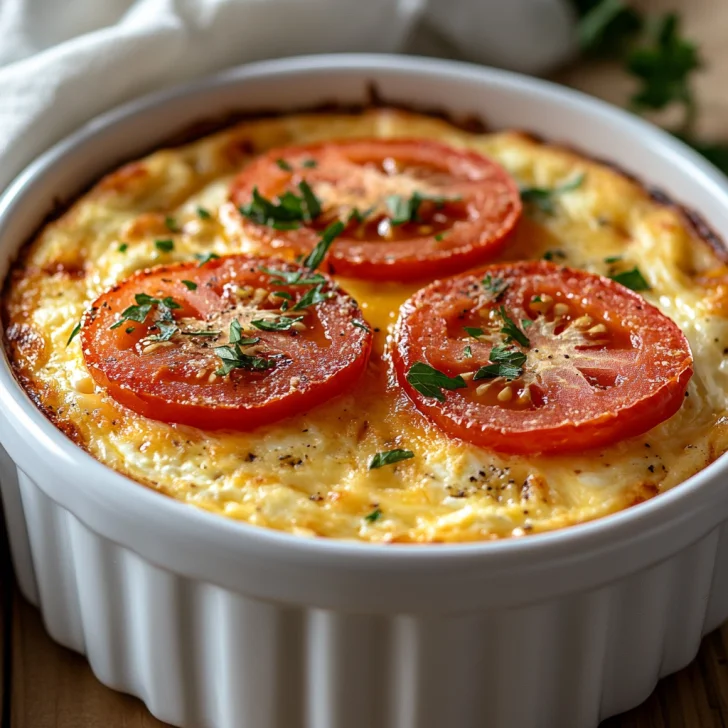 Close-up of Slow Cooker Farmers Breakfast Casserole topped with fresh tomato slices in a white dish on a light wooden table