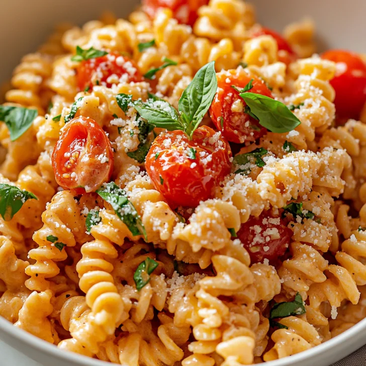 Bowl of Slow Cooker Feta and Tomato Pasta topped with parmesan and basil on a light wooden table