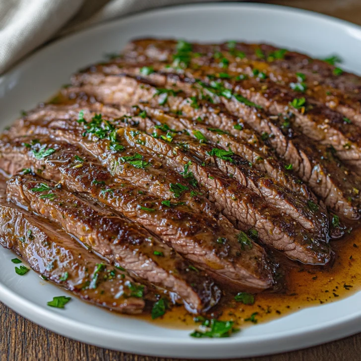 Slow Cooker Flank Steak: Tender, Savory, and Effortless Dinner Slow Cooker Flank Steak served on a white plate, garnished with fresh parsley and drizzled with sauce
