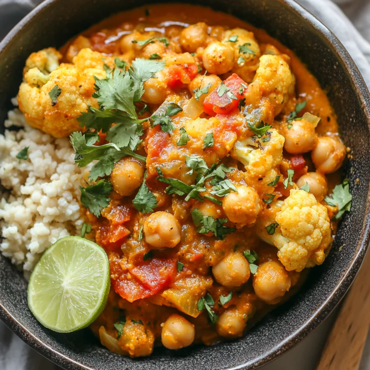 Bowl of Slow Cooker Freezer-Pack Cauliflower and Chickpea Curry garnished with cilantro and lime wedges