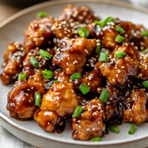 Plate of Slow Cooker General Tso's Chicken garnished with green onions and sesame seeds, served in bright lighting