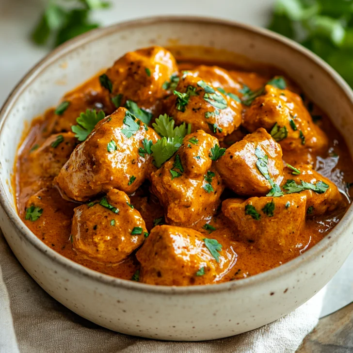Bowl of Slow Cooker Indian Butter Chicken garnished with cilantro against a neutral background