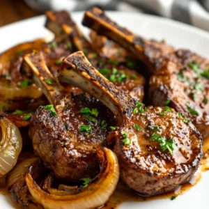 Tender Slow Cooker Lamb Chops on a white plate, garnished with parsley and onions, showcasing juicy texture.