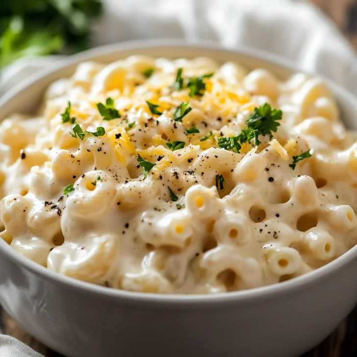 Bowl of Slow Cooker Mac and Cheese topped with shredded cheese and parsley, served on a light wooden table