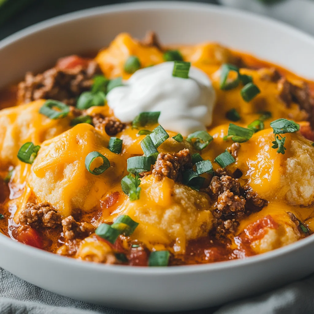 Bowl of Slow Cooker Mexican Bubble Pizza topped with melted cheese and sour cream, garnished with green onions