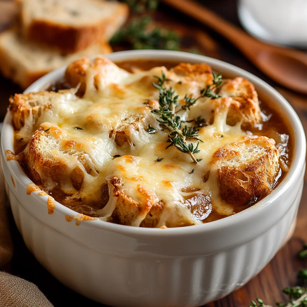 Slow Cooker Onion Soup Recipe: Easy, Caramelized Perfection Bowl of Slow Cooker Onion Soup topped with melted cheese and fresh thyme on a wooden table