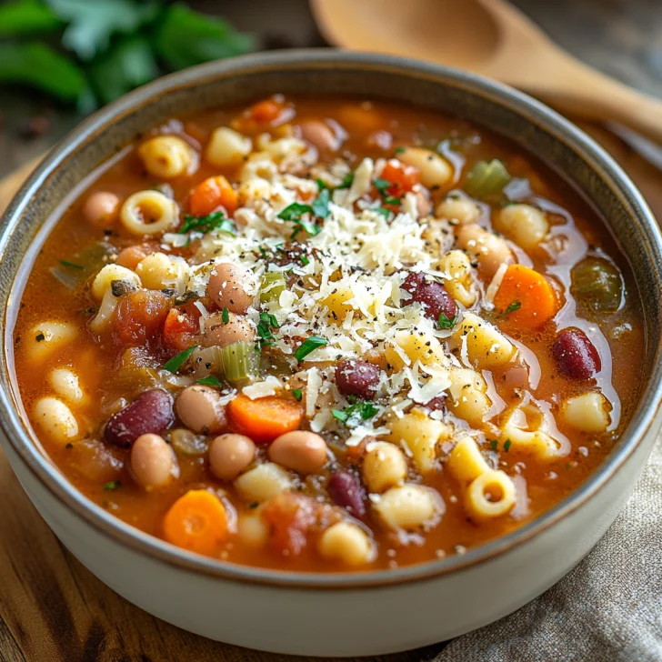 Bowl of Slow Cooker Pasta e Fagioli Soup topped with parmesan cheese and olive oil on a light wooden table