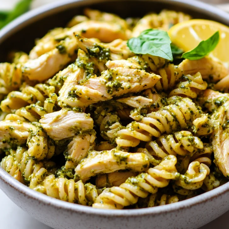 Bowl of Slow Cooker Pesto Mozzarella Chicken Pasta garnished with dried basil and lemon, creamy and inviting