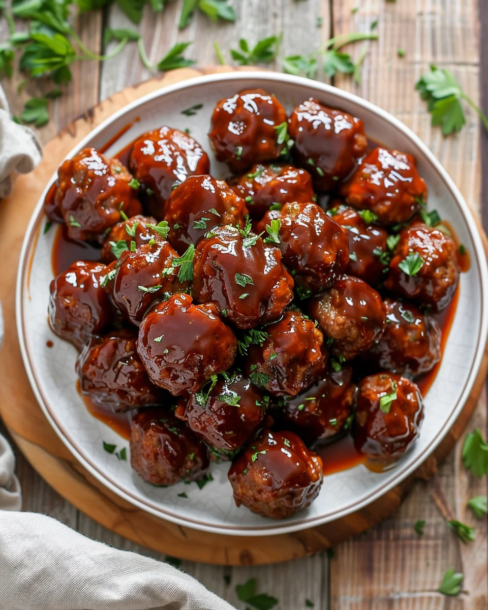 Slow Cooker Porcupine Meatballs - Easy, Tangy & Time-Saving Dinner Slow Cooker Porcupine Meatballs drizzled with barbecue sauce and garnished with parsley on a white plate