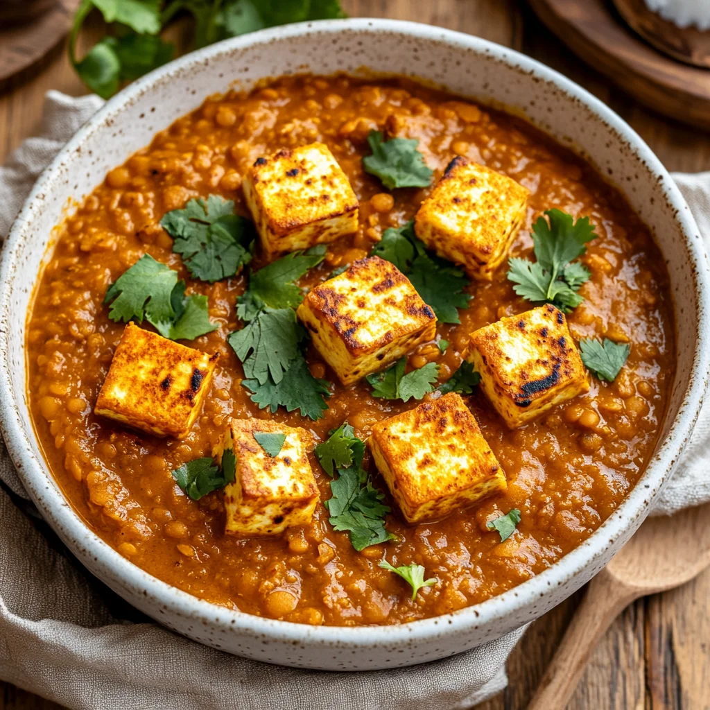 Bowl of Slow Cooker Red Lentil Dahl topped with crispy paneer and fresh cilantro, served on a light wooden surface.