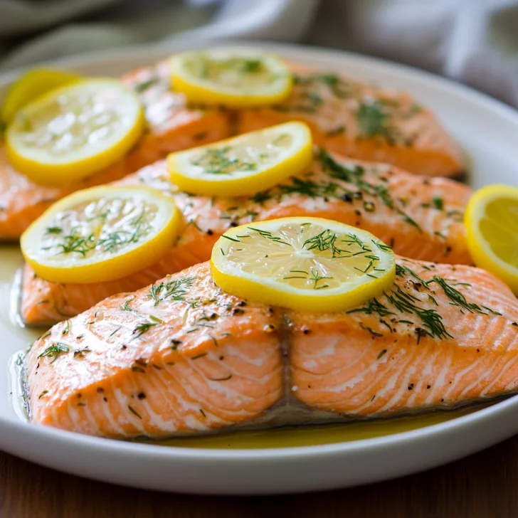 Flaky Slow Cooker Salmon served on a white plate, garnished with lemon slices and fresh herbs.