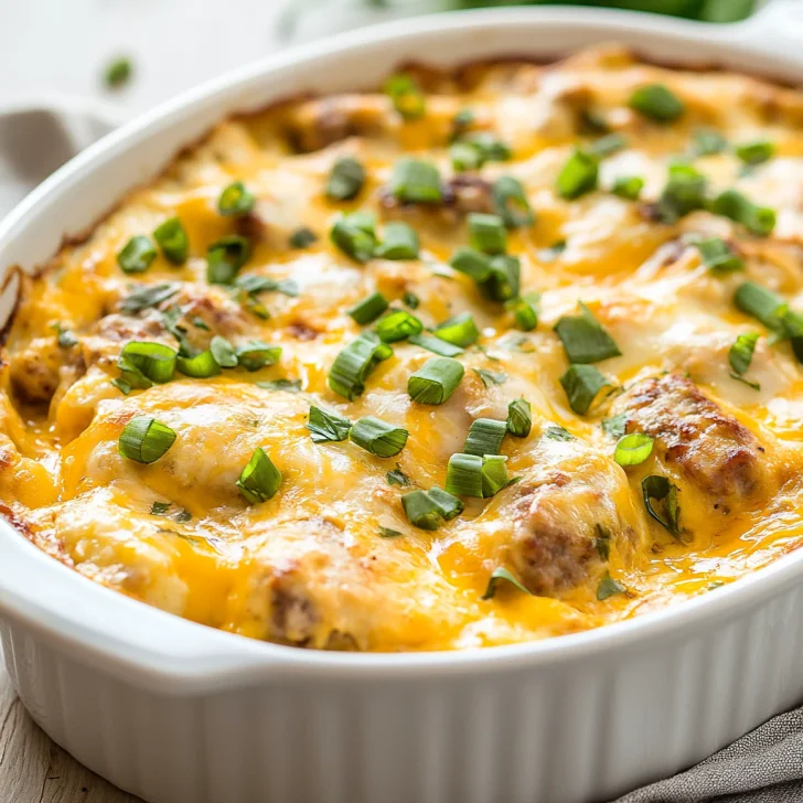 Slow Cooker Sausage and Green Chile Breakfast Casserole in a white dish, topped with green onions and melted cheese