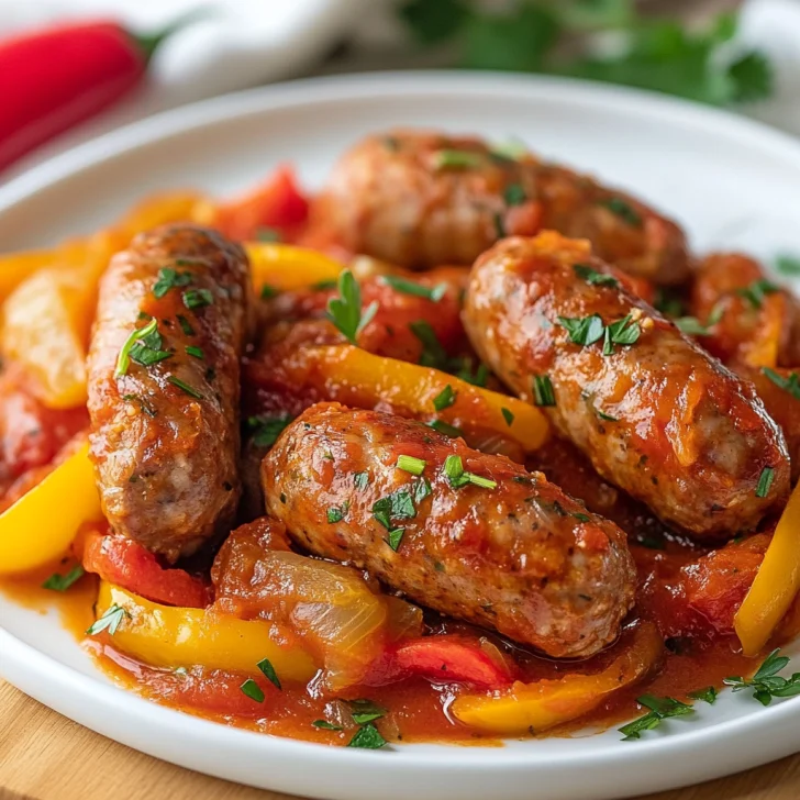 Delicious Slow Cooker Sausage And Peppers served on a white plate with fresh parsley and colorful bell peppers