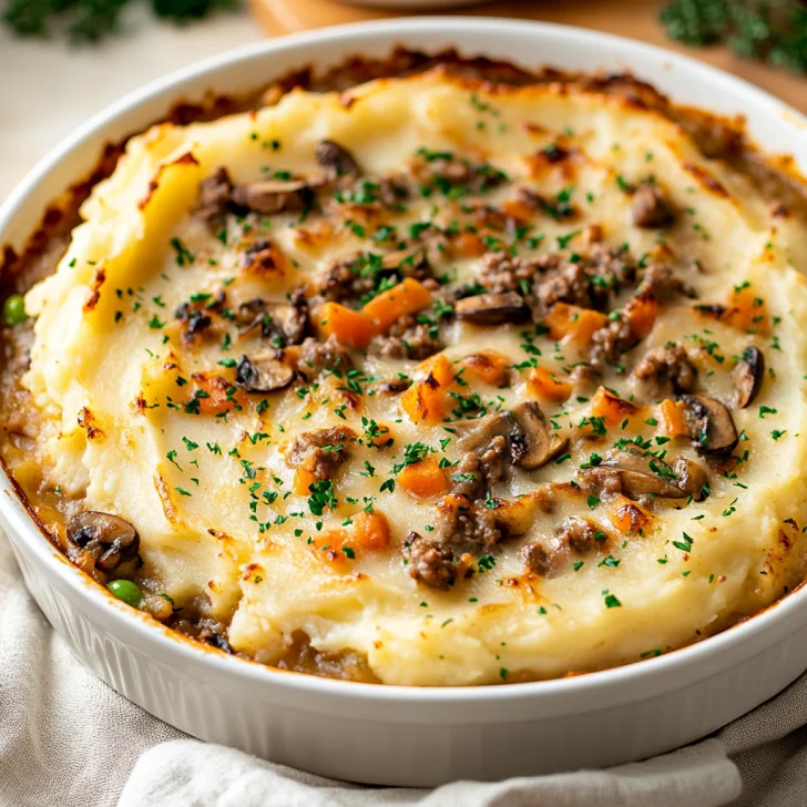 Delicious Slow Cooker Shepherd’s Pie with creamy mashed potatoes and melted cheese in a rustic bowl garnished with parsley