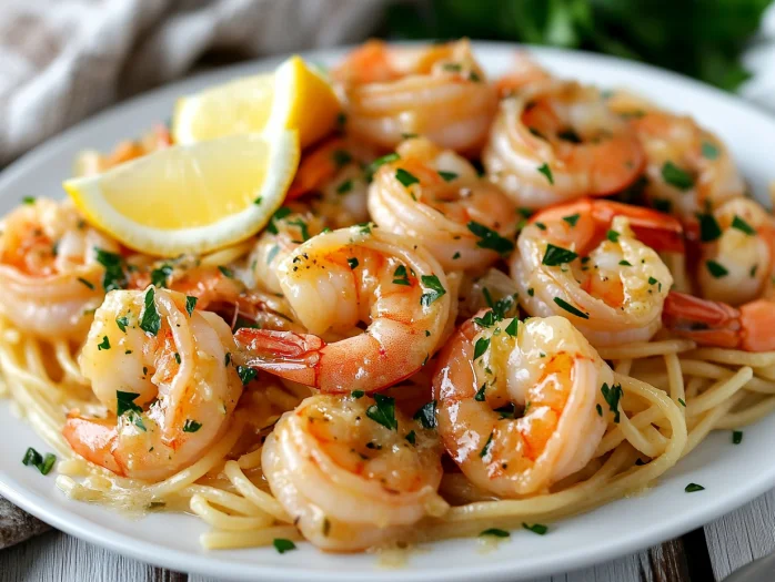 Delicious Slow Cooker Shrimp Scampi on linguine garnished with fresh parsley on a white plate