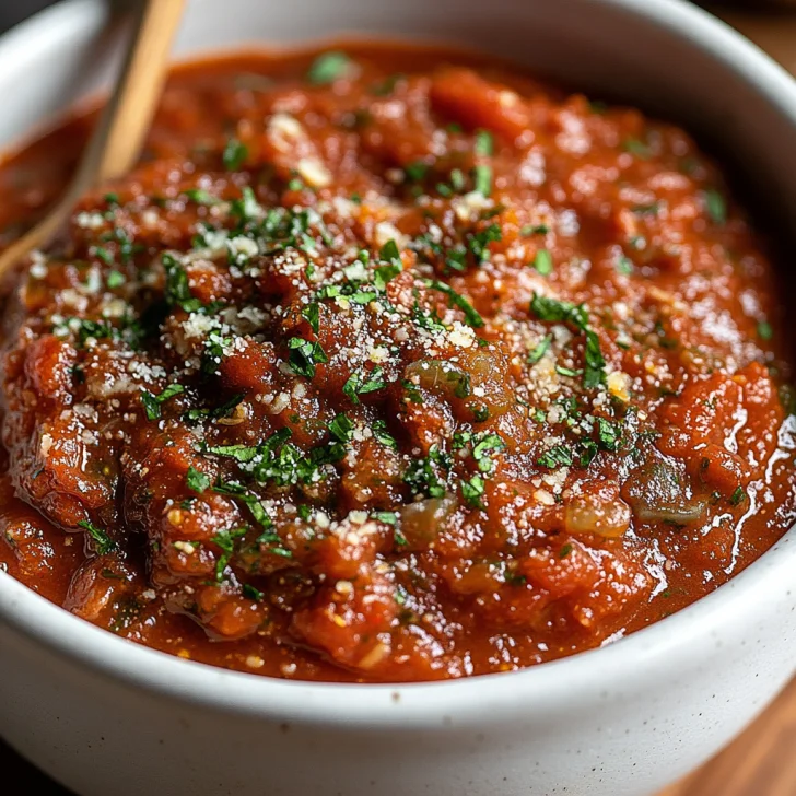 Bowl of Slow Cooker Spaghetti Sauce over spaghetti, garnished with Parmesan cheese and basil on a wooden table