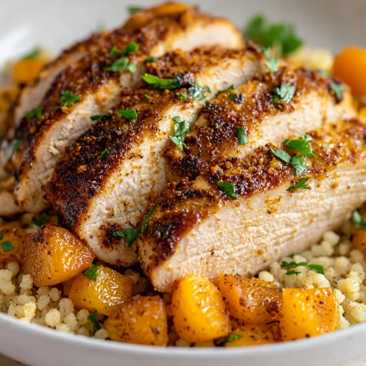 Sliced Slow Cooker Spiced Turkey Breast and Couscous garnished with cilantro on a wooden board