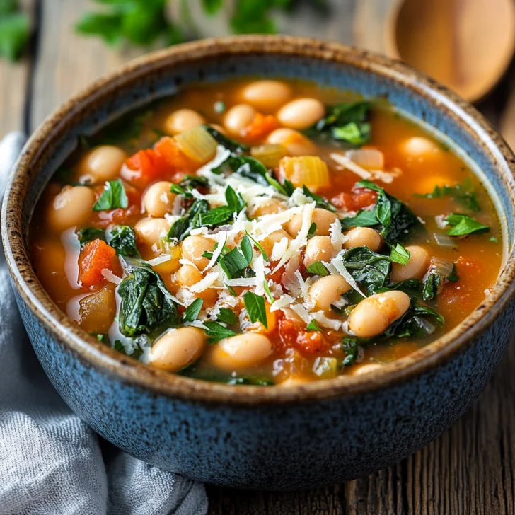 Bowl of Slow Cooker Spinach Bean Soup garnished with Parmesan cheese and parsley on a wooden table