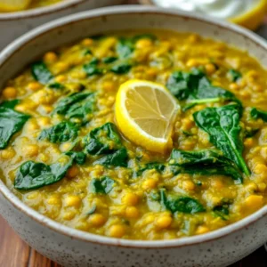Bowl of Slow Cooker Split Pea and Spinach Dal topped with lemon juice and served with yogurt and lemon wedges