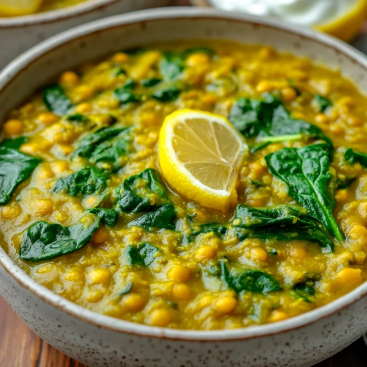 Bowl of Slow Cooker Split Pea and Spinach Dal topped with lemon juice and served with yogurt and lemon wedges