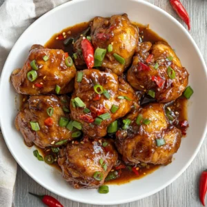 Succulent Slow Cooker Sticky Chicken served on a white plate, garnished with sliced red chilies and spring onions