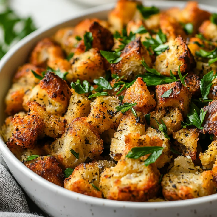Fluffy Slow Cooker Stuffing in a white bowl, garnished with fresh parsley on a neutral background
