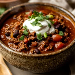 Bowl of Slow Cooker Tailgate Chili topped with sour cream and green onions, garnished with cilantro, on a wooden table